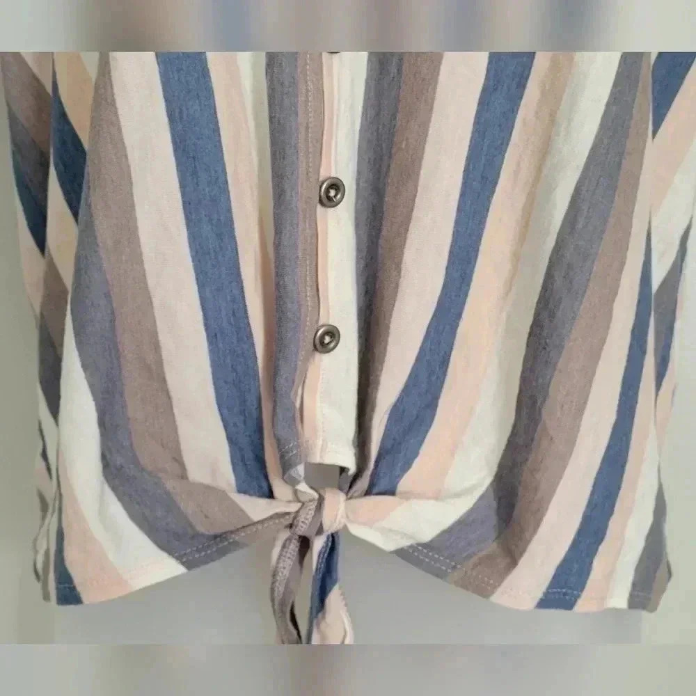American Eagle Women's Stripped Shirt Sz M Roll Sleeve Tie Front - Picture 3 of 10